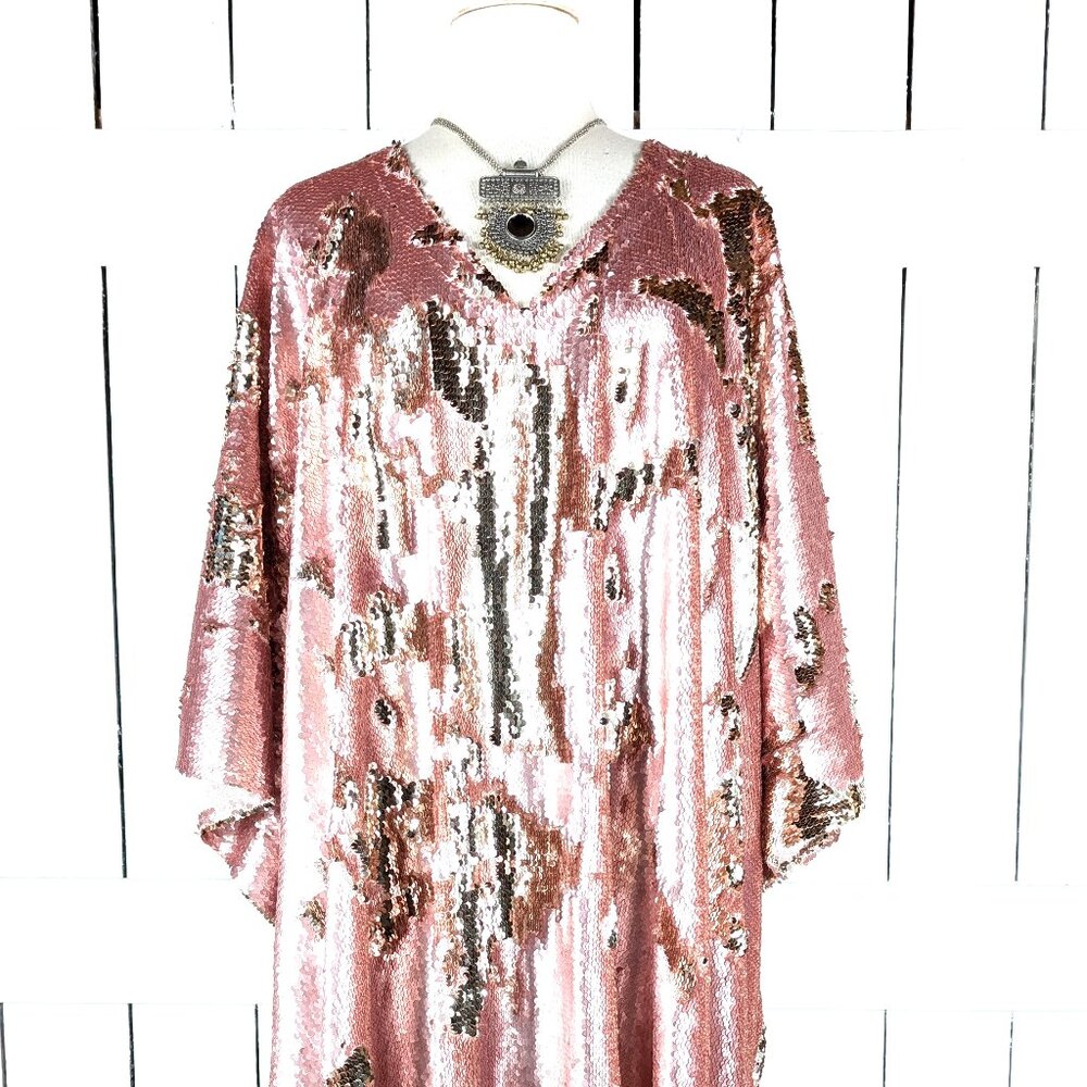 Pink gold two tone flip up reversible sequins caftan tunic cover up